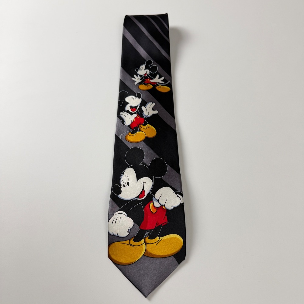 Mickey Unlimited Black Grey Striped Mickey Mouse Silk Vintage Tie